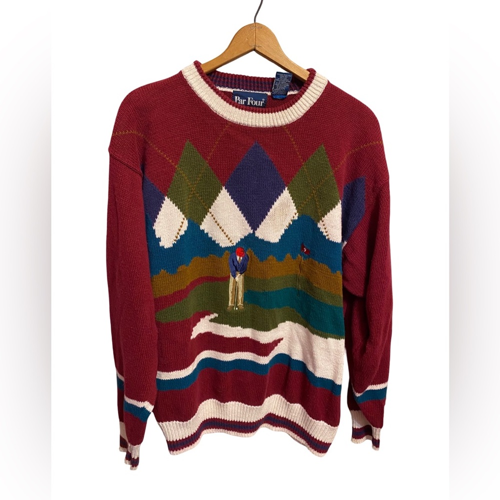 Par Four Vintage Men's Multicolor Argyle Golf Golfer Printed Crew Sweater Large